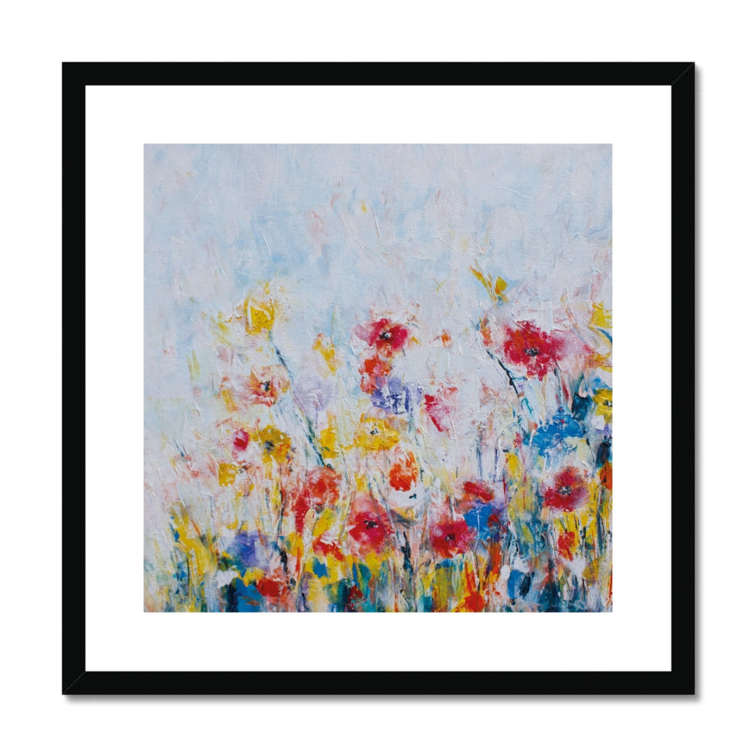 Framed floral abstract fine art print with a white mat in black frame