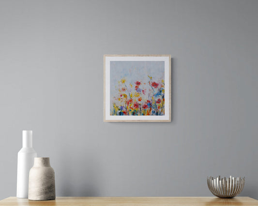 Summer Meadow framed floral abstract fine art print with a white mat in natural frame