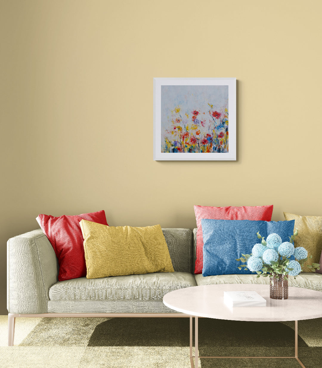 Summer Meadow framed floral abstract fine art print with a white mat in white frame lounge setting