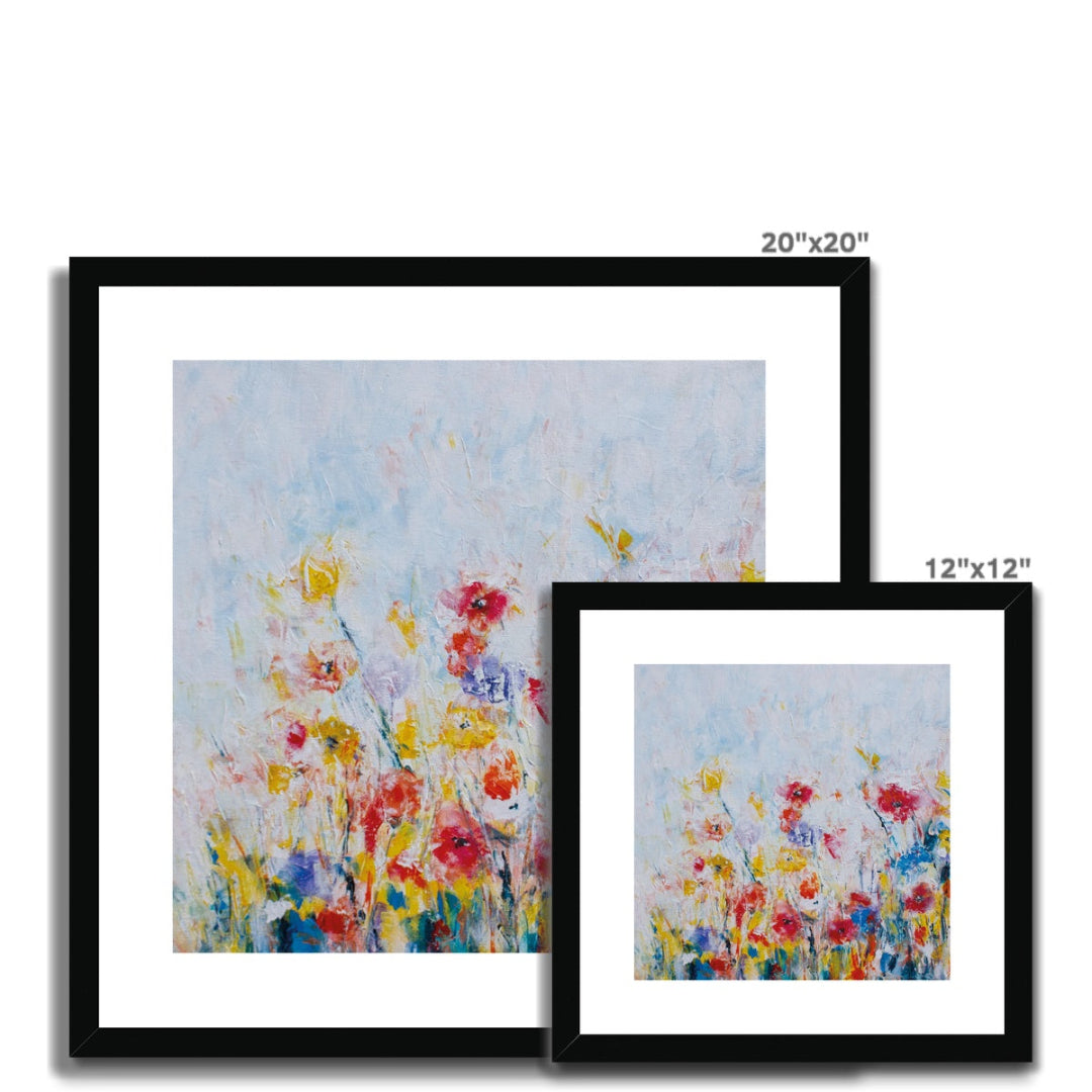 Framed floral abstract fine art print with a white mat in black frame sizes