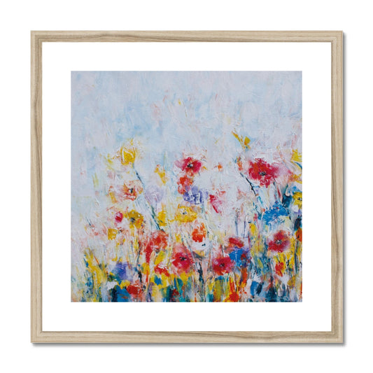 Framed floral abstract fine art print with a white mat in natural frame
