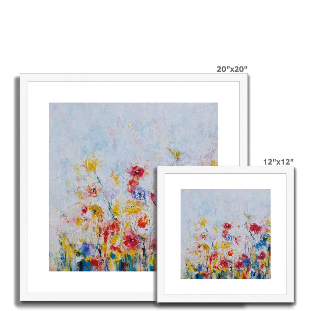 Framed floral abstract fine art print with a white mat in white frame sizes
