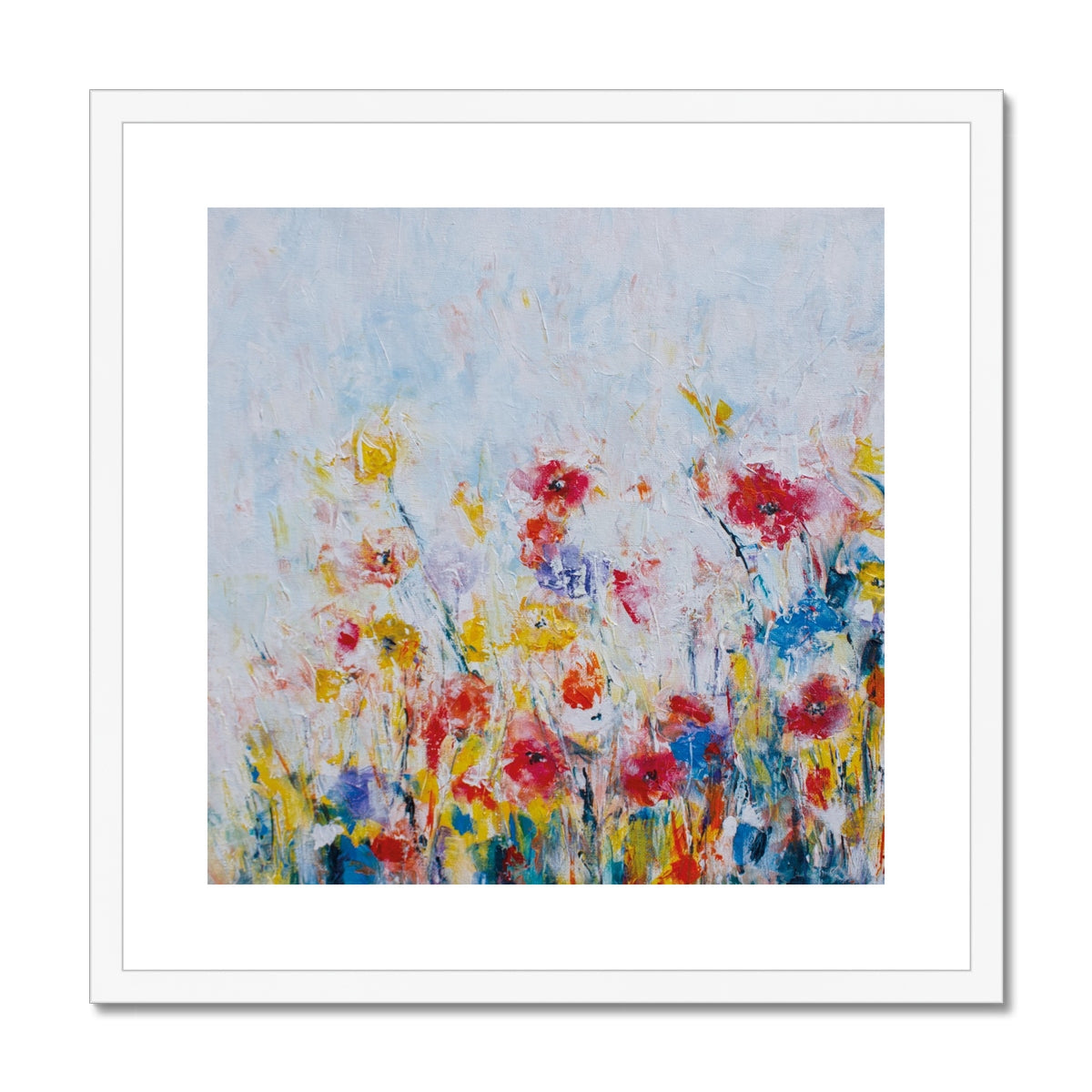 Framed floral abstract fine art print with a white mat in white frame