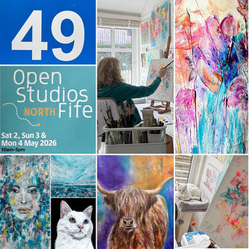 Collage of art studio images with '49 Open Studios North Fife' text and dates.