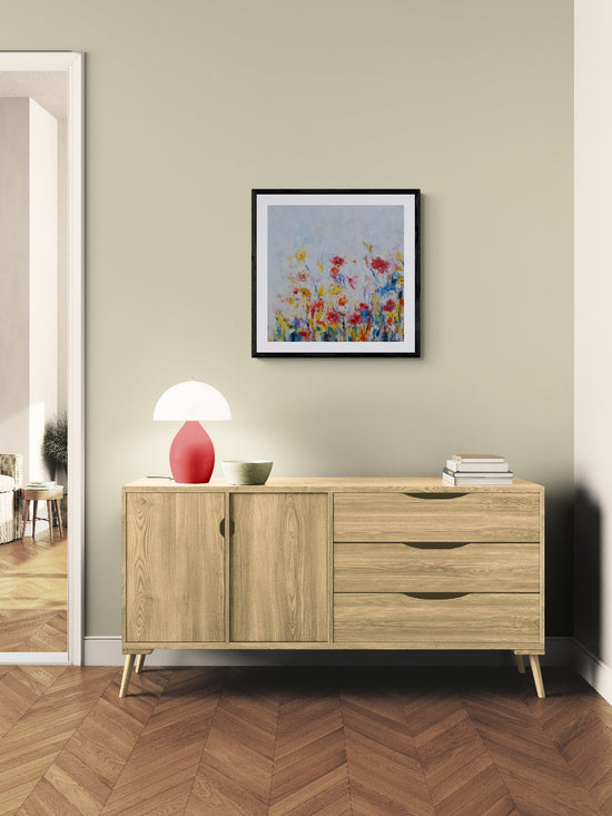 Summer Meadow floral abstract fine art print in black frame hallway setting